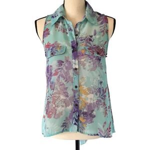 Eyelash Couture Women’s Sheer Sleeveless Watercolor Floral Blouse Size Small